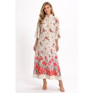 Vintage Floral Zip Maxi Dress Small | Cream Red Pink Tulip Rose Print | Mock Nec